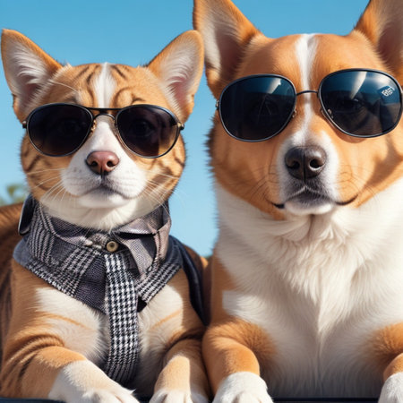 Two dogs wearing sunglasses and bow tie sitting in front of blue skyの素材