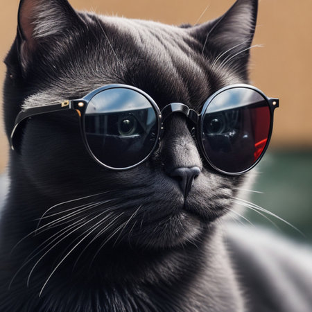 Portrait of a black cat wearing sunglasses. Selective focus.の素材