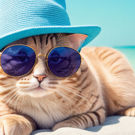 Cute cat wearing blue hat and sunglasses lying on the sand at the beachの素材