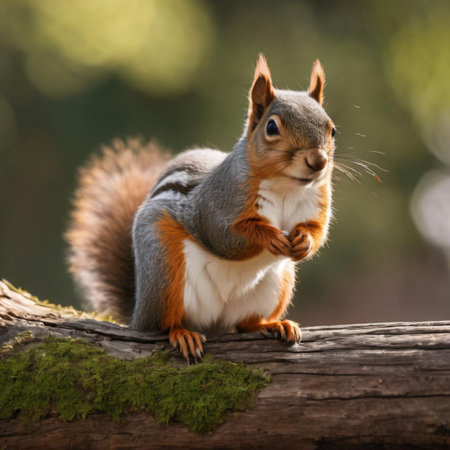 Squirrel sitting on a branch with a nut in its paws.の素材