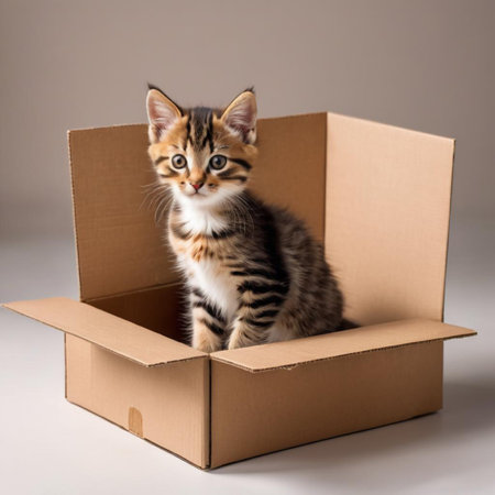Cute tabby kitten in a cardboard box on a gray backgroundの素材