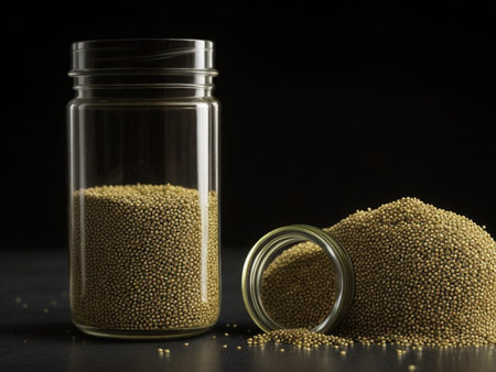 Mustard seeds in a glass jar on a black background with copy spaceの素材