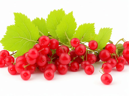 Red currant with green leaves isolated on a white background cutoutの素材
