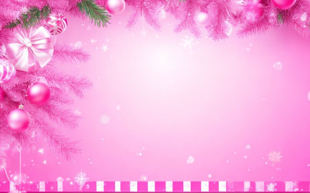 Christmas background with fir branches, pink balls and snowflakes.の素材