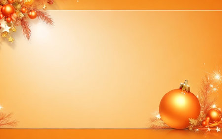 christmas background with christmas balls and fir branches on orange backgroundの素材