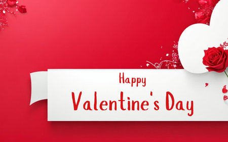 Valentine's day background with heart and ribbon on red backgroundの素材