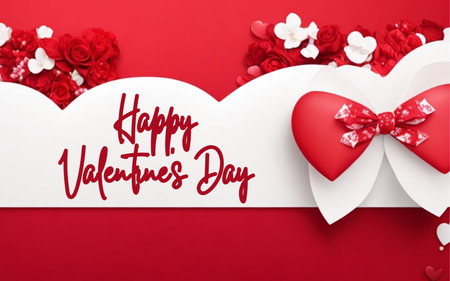 Valentine's day background with heart and flowers on red backgroundの素材