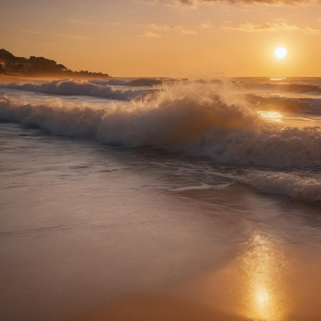 Beautiful sunset on the beach with waves in the foreground and orange skyの素材