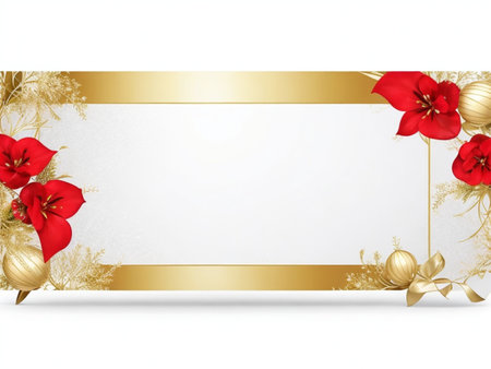 Elegant background with red flowers and gold frame. Vector illustration.の素材