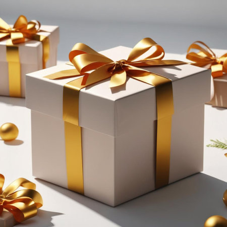 Gift boxes with golden bows on white background, closeup viewの素材