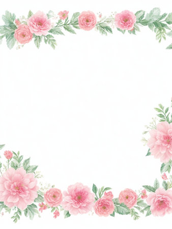 Watercolor vintage floral frame with rose flowers and leaves on white backgroundの素材