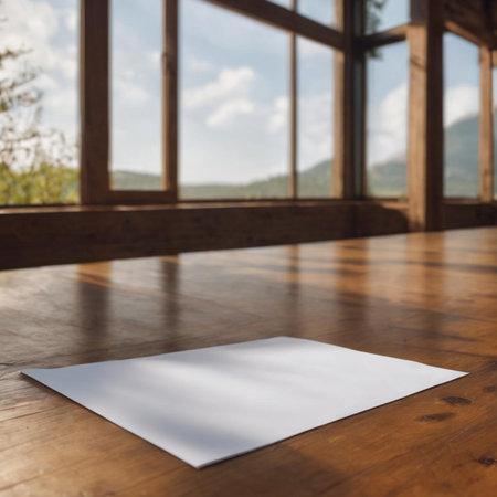 Mockup of a white sheet of paper on a wooden table with a view of the mountainsの素材