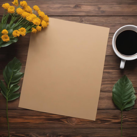 Blank paper sheet, cup of coffee and flowers on wooden backgroundの素材