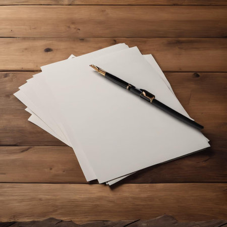 Blank white paper with pen on wood table background, stock photoの素材