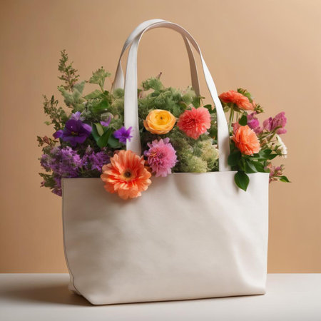 Flower bouquet in a white bag on a beige backgroundの素材