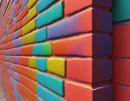 Colorful brick wall background. Red, orange, yellow and green colors.の素材