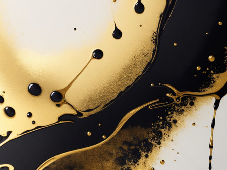 Abstract black and gold background with oil drops. Close-up.の素材