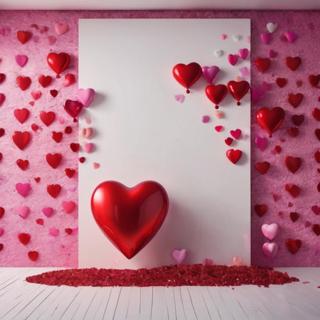 Valentine's day background with red heart on pink wall. 3d renderingの素材