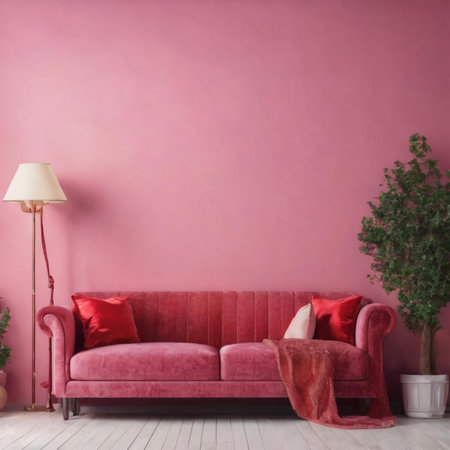 interior of modern living room with pink sofa, lamp and plantの素材