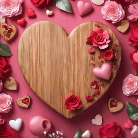 Valentine's day background with hearts, roses and wooden boardの素材