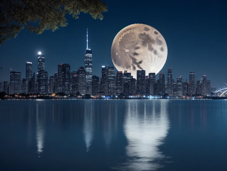 Full moon over the city at night with reflection in the water.の素材