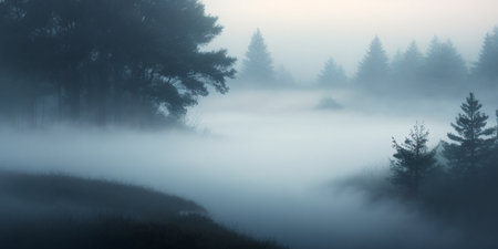 Foggy morning in the forest. Panoramic view.の素材