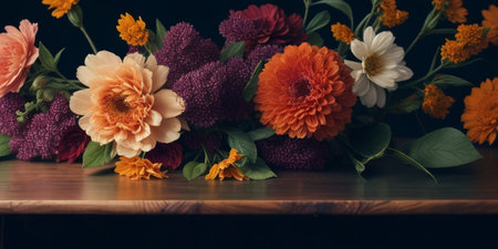 Colorful dahlia flowers on wooden table with copy space.の素材