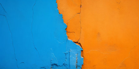 Blue and orange wall with peeling paint. Abstract background for design.の素材