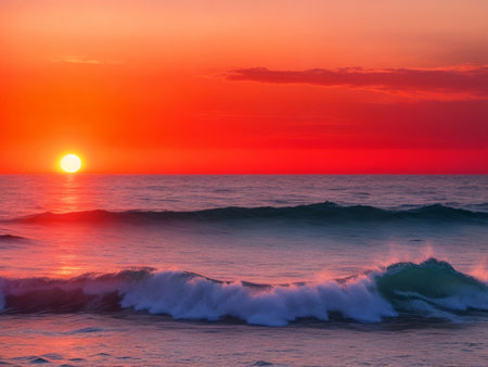 Beautiful sunset over the ocean. Colorful sky and clouds.の素材