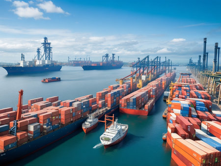 Container terminal with freight ship and cargo cranes, Odessa, Ukraineの素材