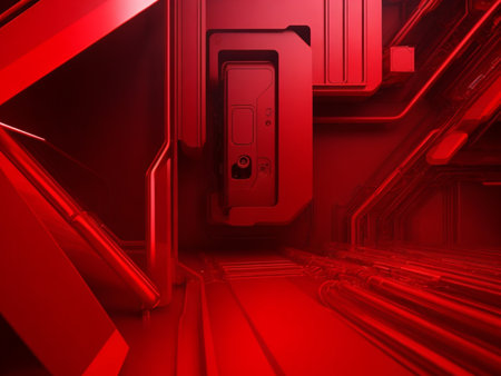 3d rendering of futuristic server room with red lights in the backgroundの素材