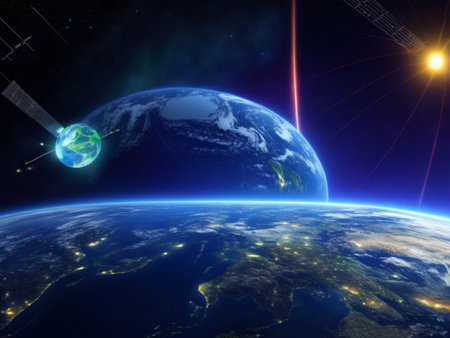 Earth view from space showing the atmosphere and city lights. 3D renderingの素材