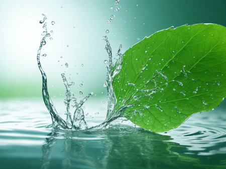 Water splash with green leaf on nature background. Shallow DOFの素材