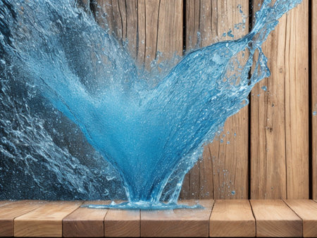 Water splash on wooden background. Water splash on wooden table with copy space.の素材
