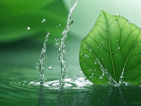 green leaf and water splash on green background with copy space for textの素材