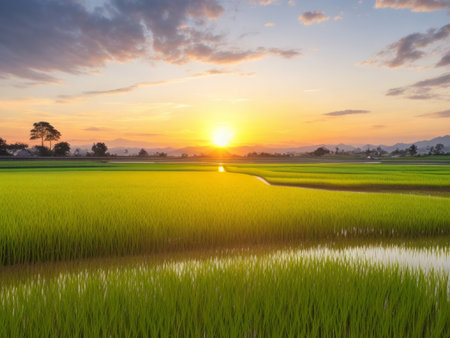 Rice field with beautiful sky at sunset in countryside of Thailand.の素材
