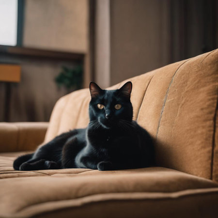 Black cat lying on the couch in the living room at home.の素材