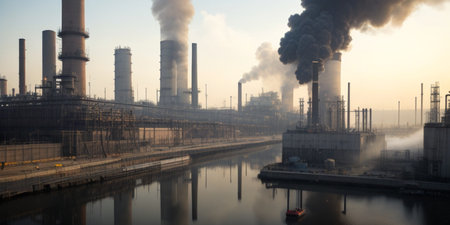Industrial landscape with smoking chimneys of a power plant at sunriseの素材