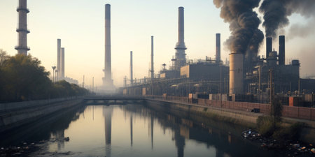 Industrial landscape with smoking chimneys of a power plant in the morningの素材