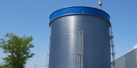 Industrial landscape with a blue silo on a background of blue skyの素材