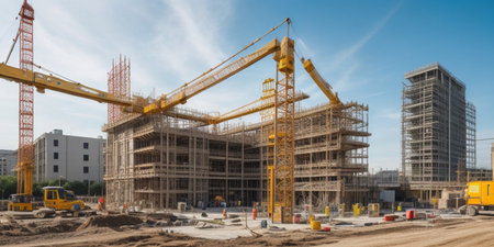 Panorama of a construction site with cranes and building under constructionの素材
