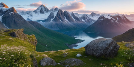 Panorama of Lofoten islands in Norway at sunrise.の素材