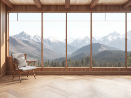 Interior of a modern living room with wooden walls, a wooden floor, a chair and a mountain view. 3d rendering mock upの素材