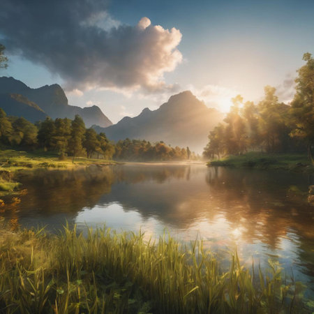 Mountain lake in the morning. Landscape with mountains and skyの素材