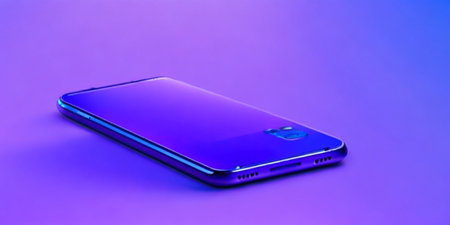 Modern smartphone with a blue screen on purple background. 3d renderingの素材