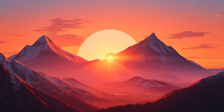 Sunset in the mountains. Sunrise in the mountains. 3d renderの素材