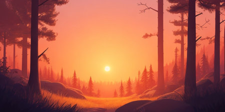 Fantasy landscape with pine forest at sunrise. 3d render illustrationの素材