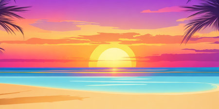 Sunset on the beach. Vector illustration of a summer background.の素材