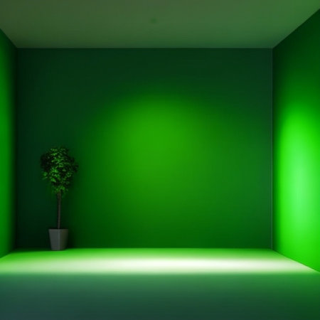 Empty room with green wall and plant, 3D rendering. Computer digital drawing.の素材