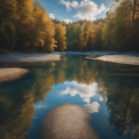 Mountain river in the autumn forest. Beautiful landscape with a river.の素材